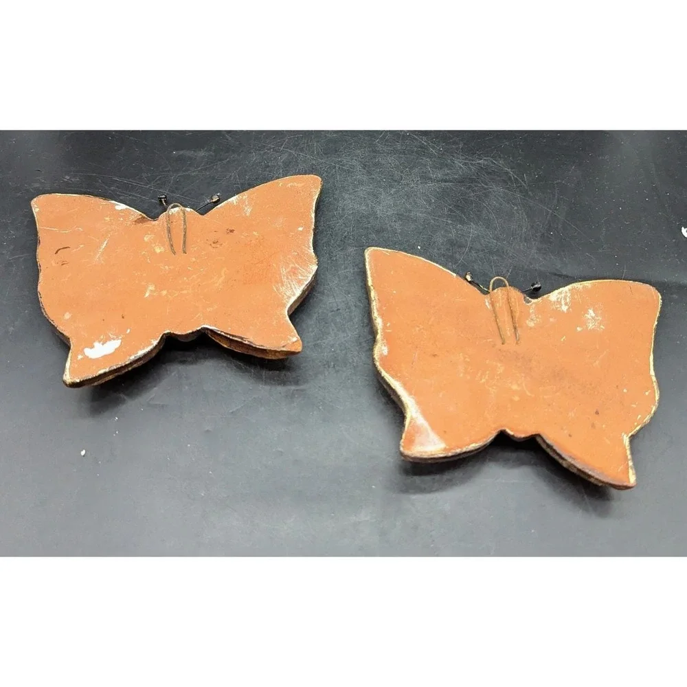 Set/2 Vintage Art Pottery Wall Hanging Butterfly Brown Buildings 7.5
